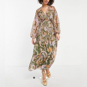 ASOS DESIGN Soft Tiered Maxi Dress in 70s Print Purple and Green